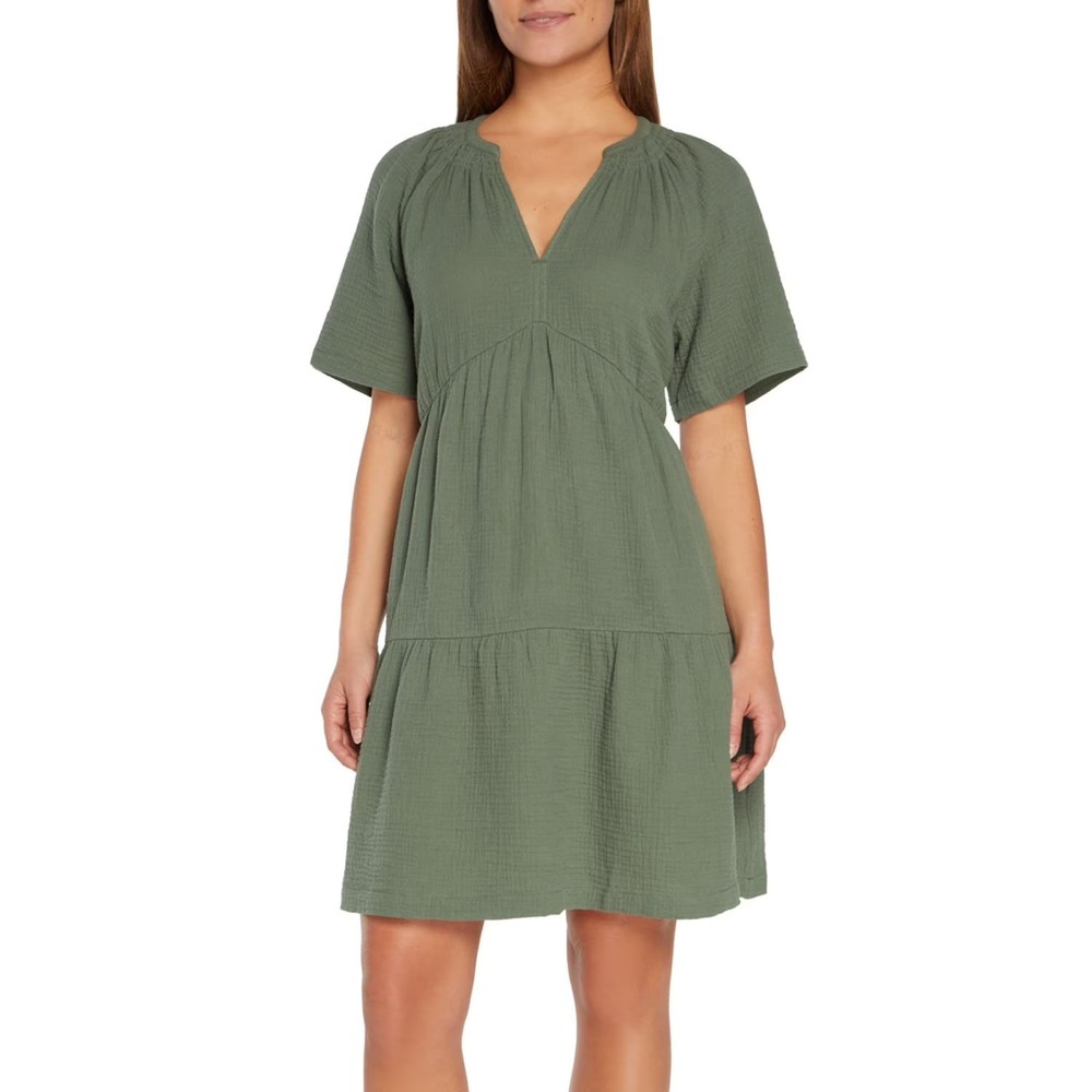 Gap Green Crinkle Gauze Tiered Mini summer Dress V-Neck beach Cotton boho